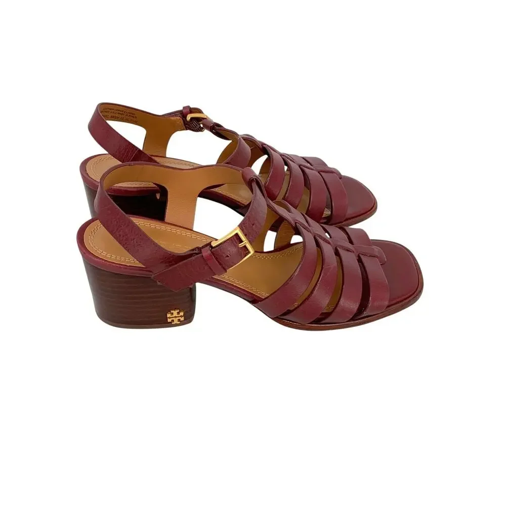 TORY BURCH Leather Fisherman Block Heel Sandals Claret Red Womens US 5.5